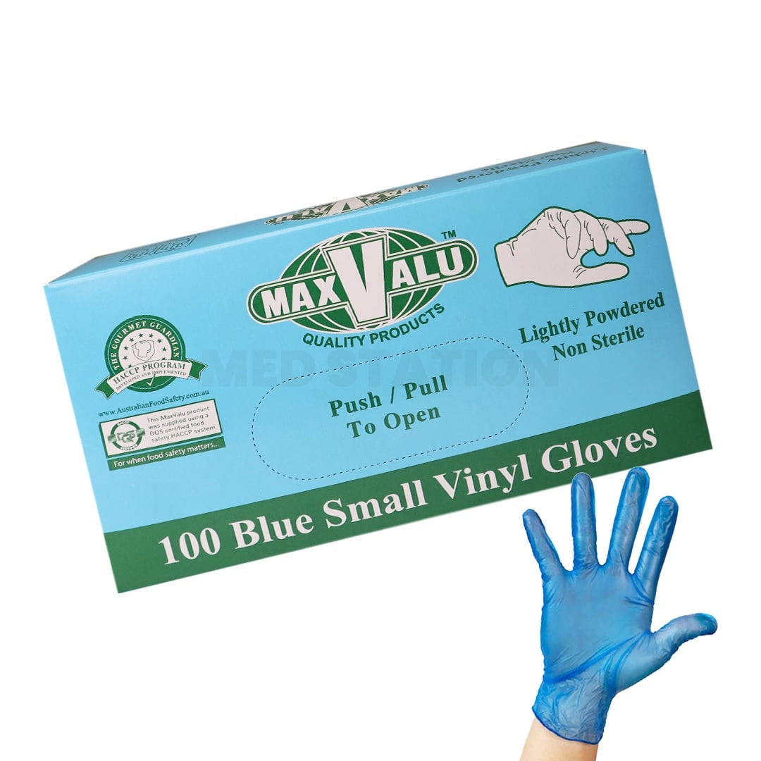 Lightly Powdered Blue Vinyl Gloves Pack of 100 (1 box) - Small