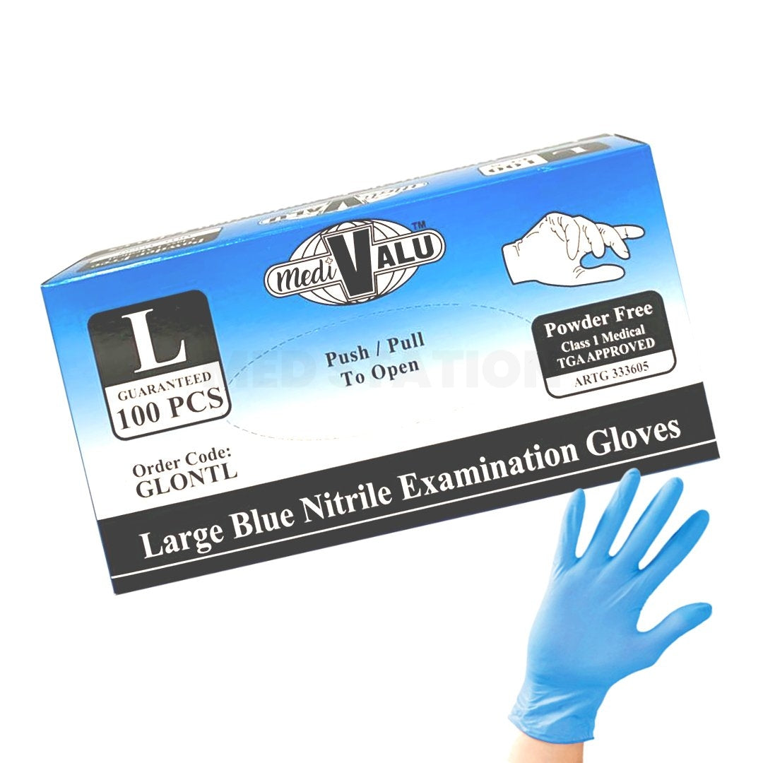 Blue Nitrile Gloves TGA Approved Latex and Powder Free Examination Gloves Pack of 1000 (100PCS x 10 boxes) - Large