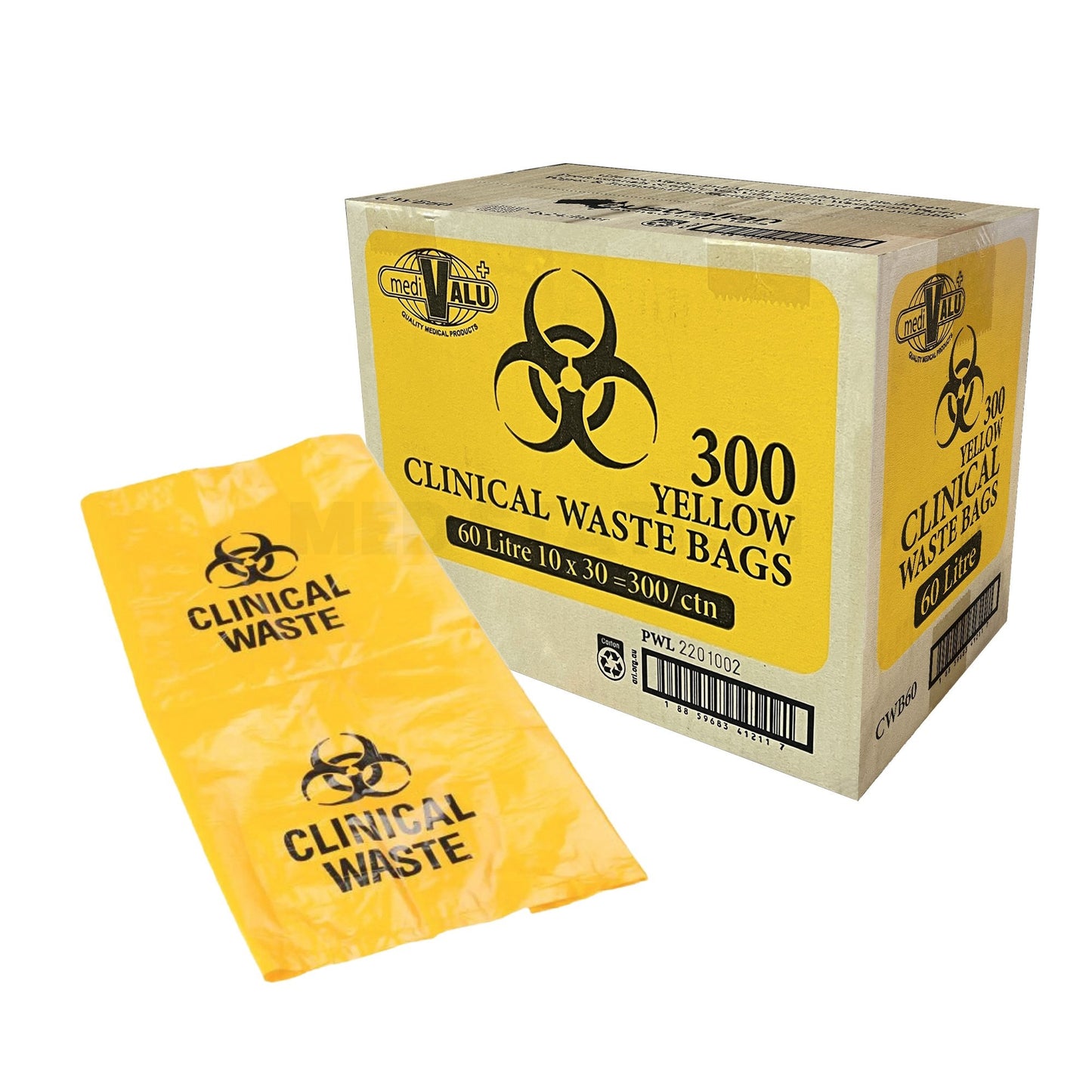 60L Yellow Clinical Waste Bags 85X61cm - 300 Bags