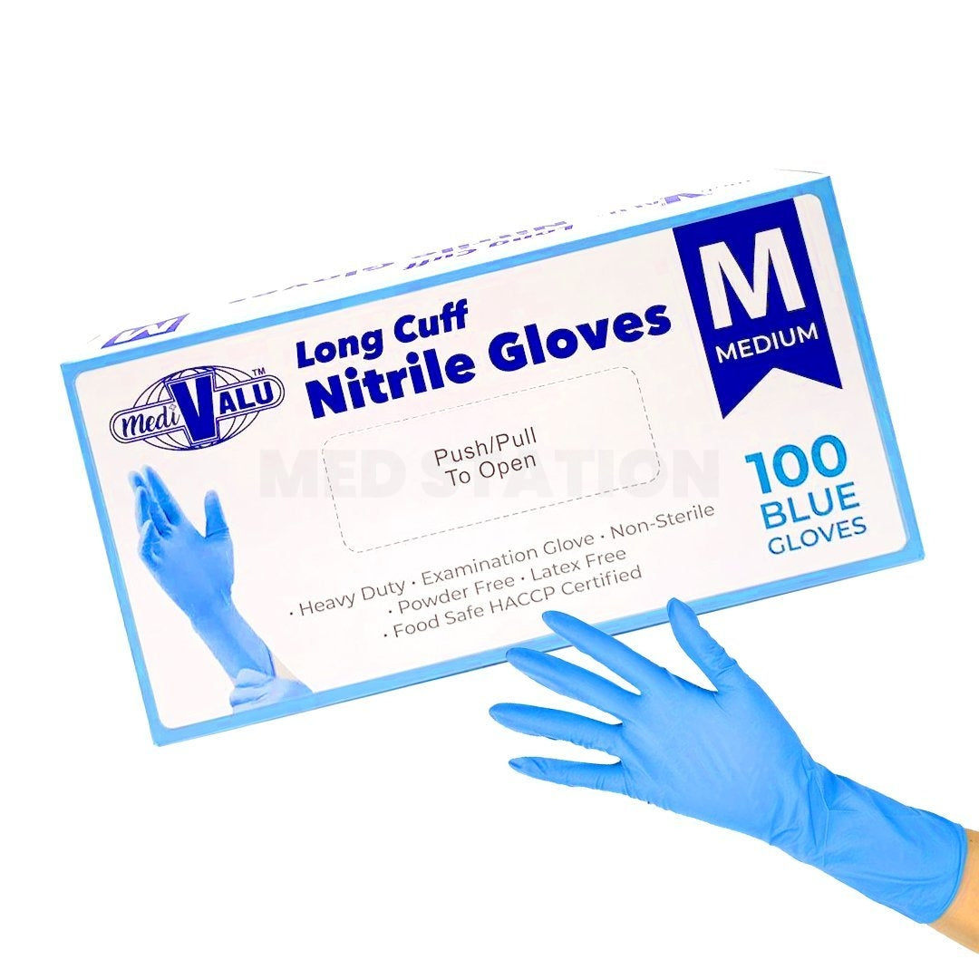 Long Cuff Heavy Duty Nitrile Examination Gloves Food Safe Certified Blue Pack of 10,000 (100PCS x 100 boxes) - Medium