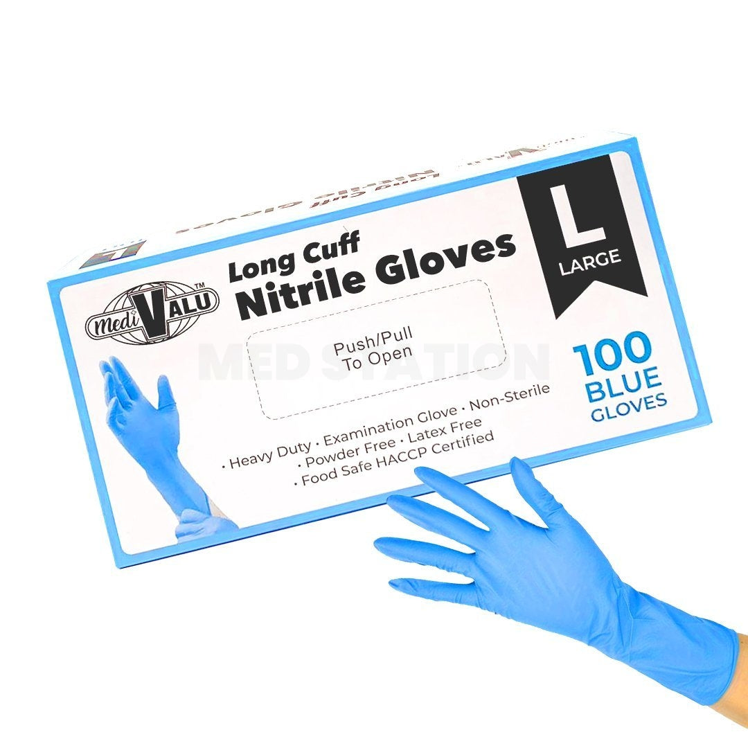 Long Cuff Heavy Duty Nitrile Examination Gloves Food Safe Certified Blue Pack of 10,000 (100PCS x 100 boxes) - Large