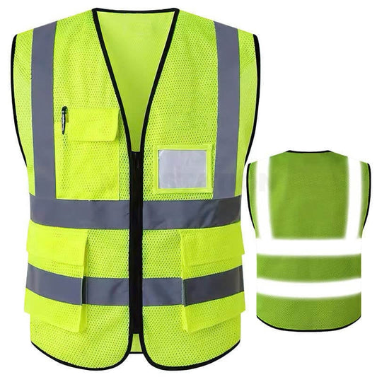 Mesh Reflective Safety Vest with Pockets and ID Badge Holder Unisex Workwear with High Visibility Yellow - L