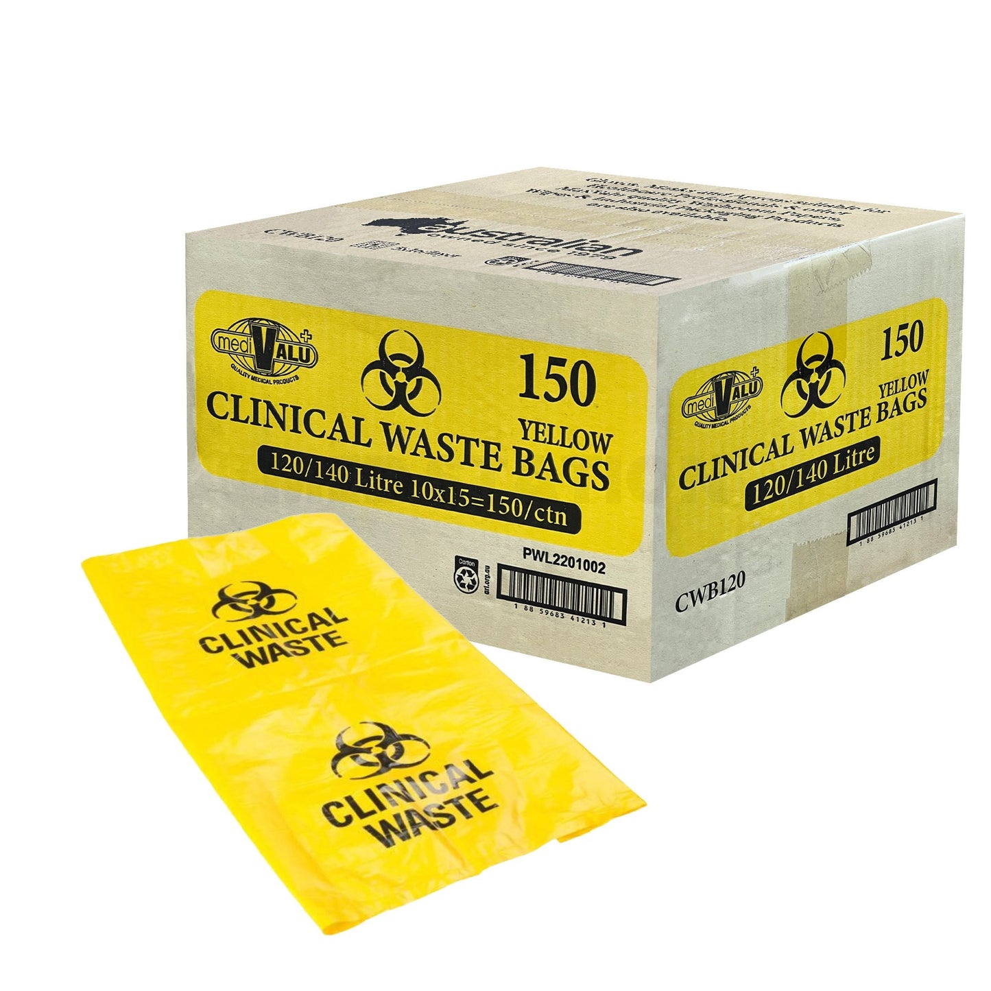 120L Yellow Clinical Waste Bags 110x95cm - 150 Bags