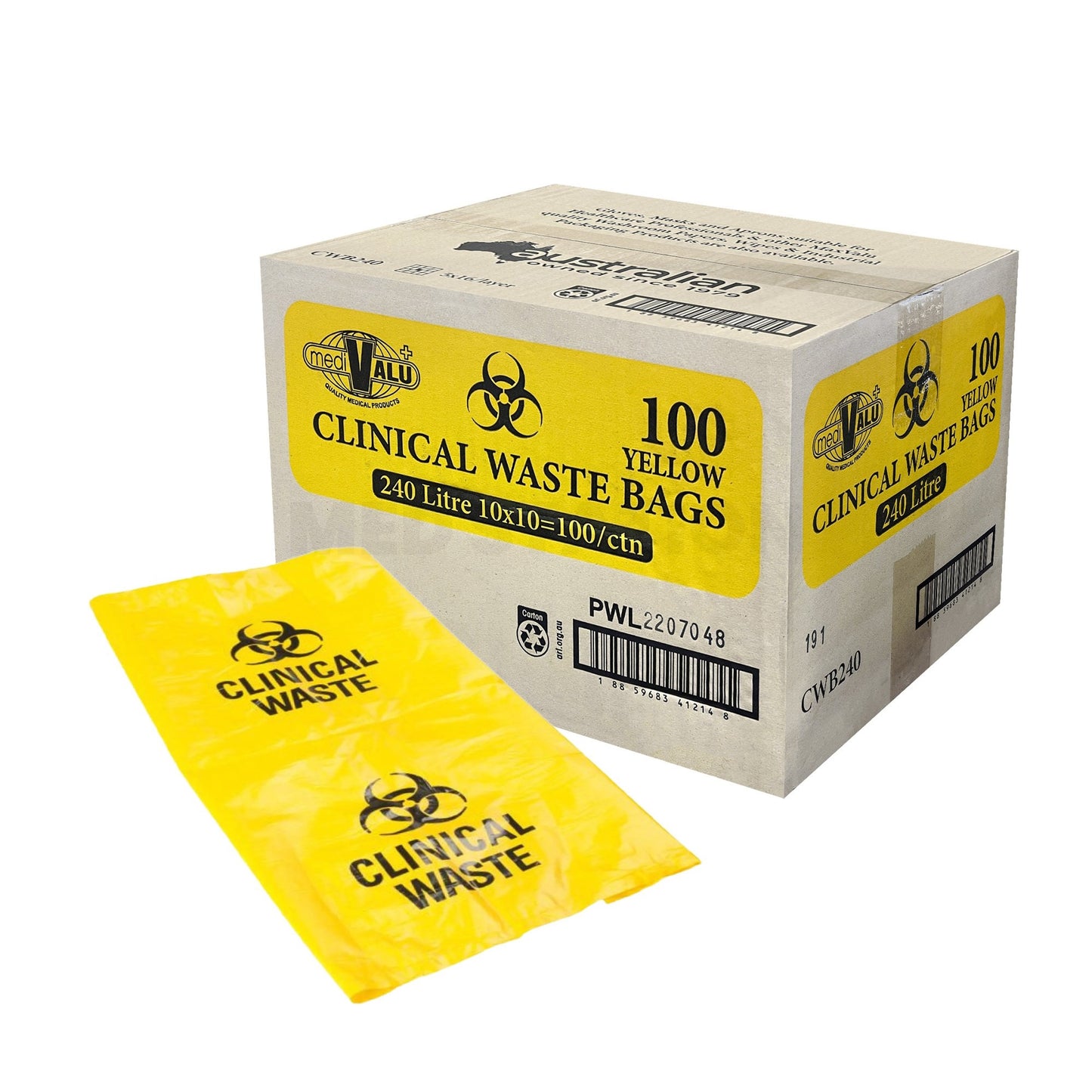 240L Yellow Clinical Waste Bags 137x74+40cm - 100 Bags