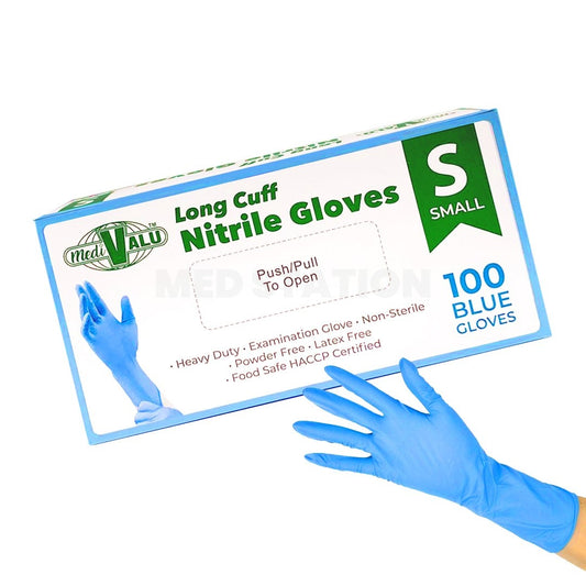 Long Cuff Heavy Duty Nitrile Examination Gloves Food Safe Certified Blue